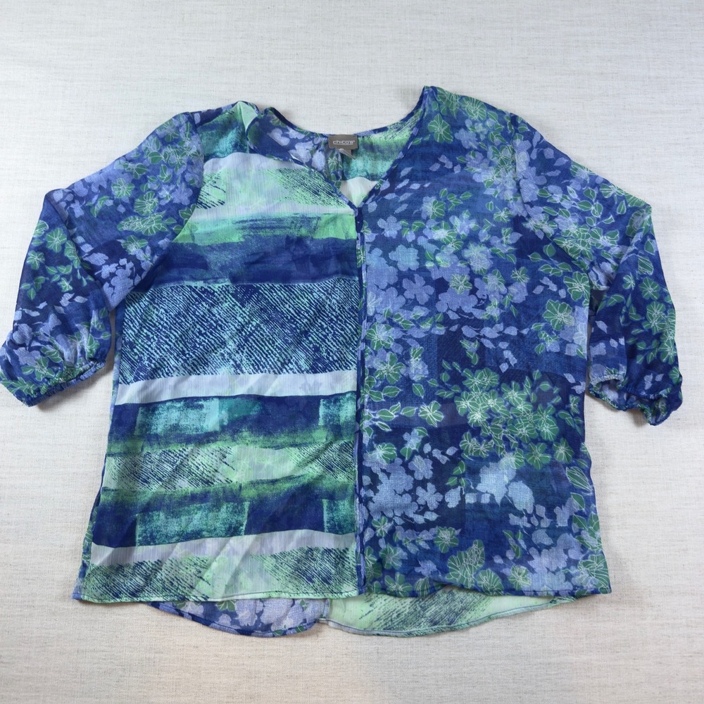 Chicos Mixed Print Floral Abstract Blouse Blue Green V-Neck 3/4 Sleeve Size 3 XL